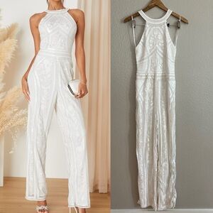 NWOT  Tell Me Everything White Beaded Sequin Wide-Leg Jumpsuit